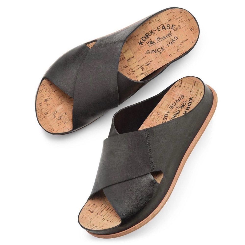 Kork-Ease Black Leather Crisscross Cork Footbed Slide